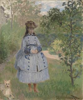 Bahçede küçük bir köpekle çizgili elbiseli genç kız, Claude Monet, 1873, Barnes Vakfı